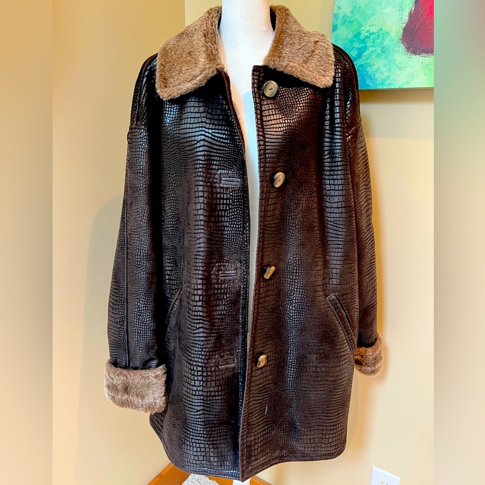 Gorgeous Sibylle Lyn Embossed Croc Leather Fur Lined Overcoat XL